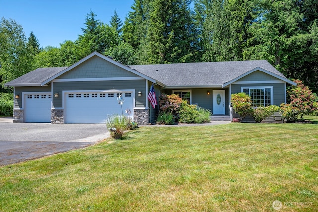 3210 275th St NE, Arlington, WA 98223 - single story home with a garage, driveway, a front yard, stone siding, and a shingled roof
