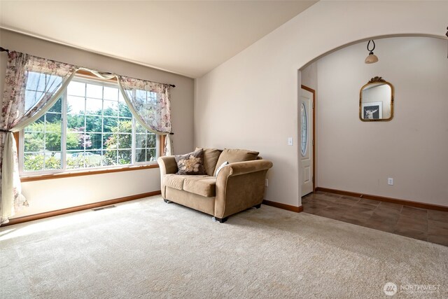 3210 275th St NE, Arlington, WA 98223 - living area featuring arched walkways, carpet, lofted ceiling, and baseboards