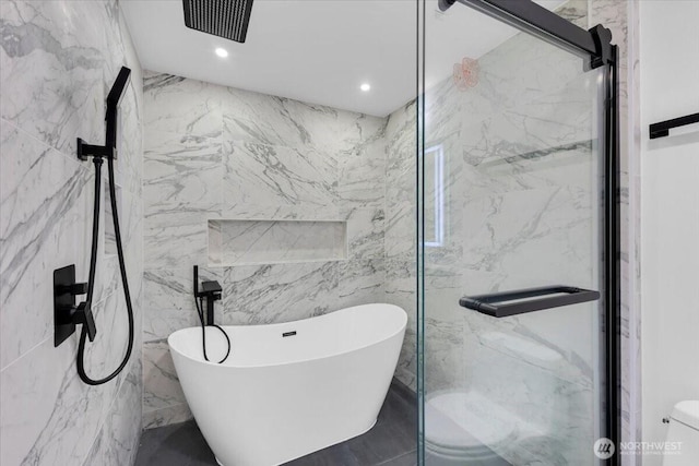 12816 130th Ct NE, Kirkland, WA 98034 - full bathroom featuring a marble finish shower, tile walls, a freestanding tub, recessed lighting, and marble finish flooring