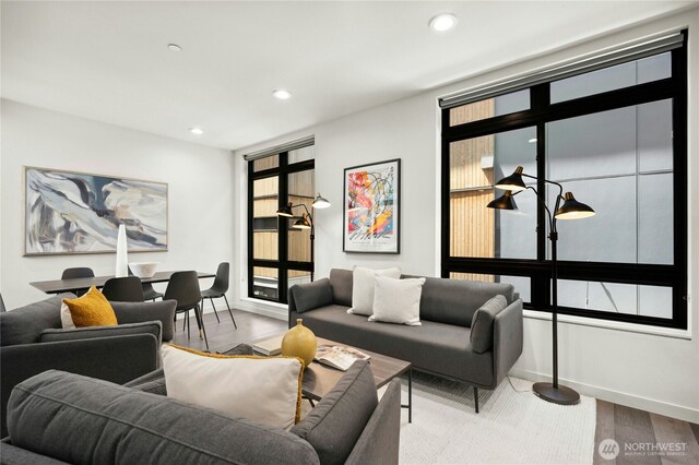 3219 California Ave SW Unit B, Seattle, WA 98116 - living area featuring baseboards, recessed lighting, and wood finished floors