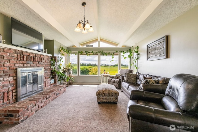 405 E Wiser Lake Rd, Lynden, WA 98264 - carpeted living room with a fireplace, a textured ceiling, a chandelier, and vaulted ceiling