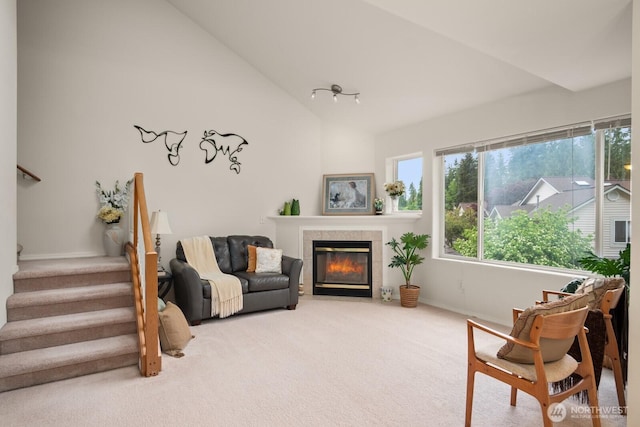 8828 238th St SW Unit D-1, Edmonds, WA 98026 - living area with carpet floors, lofted ceiling, stairs, and a fireplace