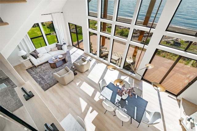4489 Sucia Dr, Ferndale, WA 98248 - living room featuring a water view, wood finished floors, and high vaulted ceiling