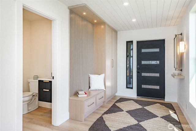 4489 Sucia Dr, Ferndale, WA 98248 - foyer entrance with light wood finished floors, recessed lighting, and wooden ceiling