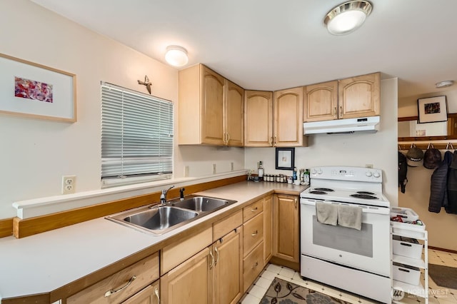 12019B 25th Ave NE, Seattle, WA 98125 - kitchen featuring white electric range oven, under cabinet range hood, a sink, light brown cabinetry, and light countertops
