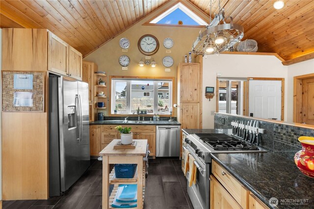 418 Summer Pl SW, Mattawa, WA 99349 - kitchen with stainless steel appliances, open shelves, wooden ceiling, high vaulted ceiling, and a sink