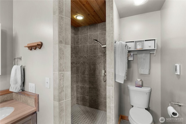 418 Summer Pl SW, Mattawa, WA 99349 - bathroom with toilet, a tile shower, vanity, and wood ceiling