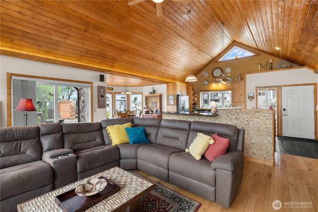 418 Summer Pl SW, Mattawa, WA 99349 - living area with high vaulted ceiling, wooden ceiling, hardwood / wood-style floors, and ceiling fan