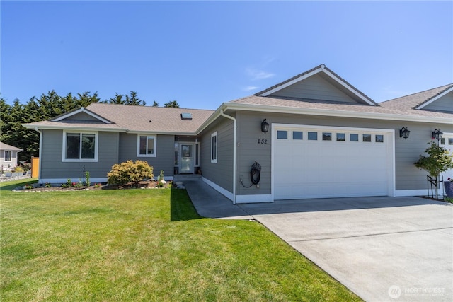 252 Mariners Dr, Sequim, WA 98382 - ranch-style house featuring a garage, driveway, a front lawn, and roof with shingles