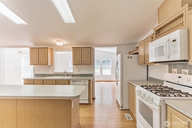 824 Cherub Pl E, Port Orchard, WA 98366 - kitchen featuring white appliances, light countertops, light wood finished floors, and light brown cabinets