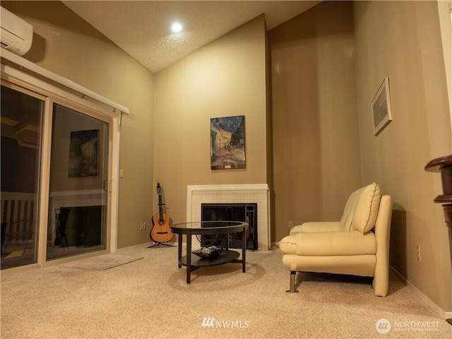 12840 SE 40th Ct Unit B12, Bellevue, WA 98006 - sitting room featuring lofted ceiling, a wall unit AC, a fireplace, and carpet