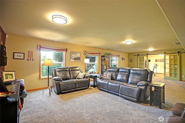 1351 Crestview Dr, Camano Island, WA 98282 - living area with carpet flooring, plenty of natural light, a barn door, and baseboards