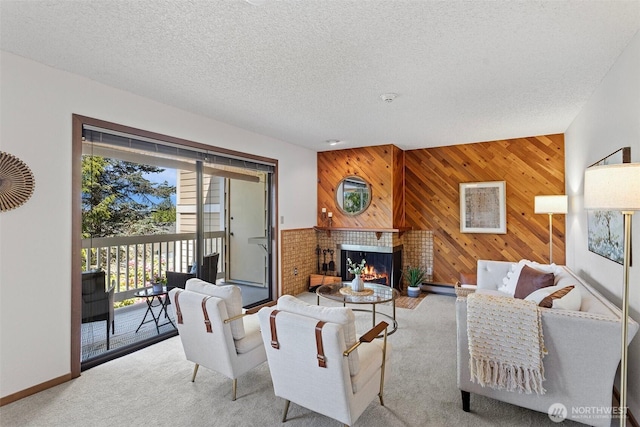 12840 SE 40th Ct Unit A4, Bellevue, WA 98006 - living room with carpet flooring, wood walls, a brick fireplace, a textured ceiling, and a baseboard radiator