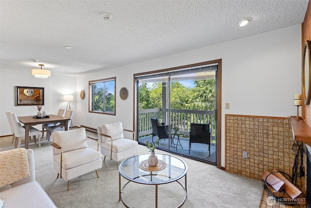 12840 SE 40th Ct Unit A4, Bellevue, WA 98006 - living room with a textured ceiling, light colored carpet, and a baseboard heating unit