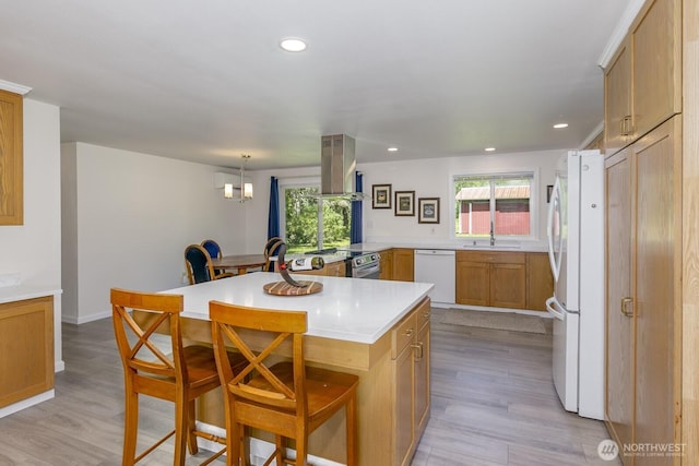 21709 Jordan Rd, Arlington, WA 98223 - kitchen with white appliances, a sink, plenty of natural light, light countertops, and recessed lighting