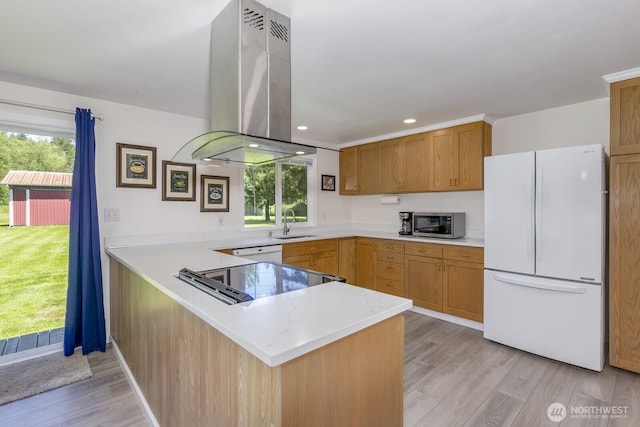 21709 Jordan Rd, Arlington, WA 98223 - kitchen featuring white appliances, island range hood, a sink, a peninsula, and light wood-style floors