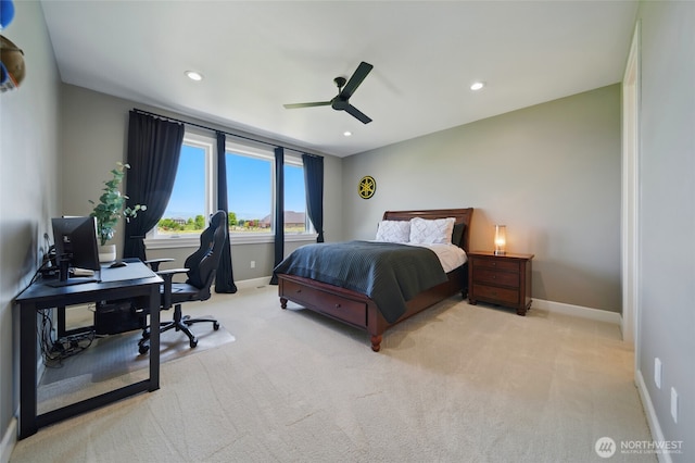 126 Red Hawk Rd, Walla Walla, WA 99362 - bedroom featuring carpet, an office area, baseboards, recessed lighting, and ceiling fan