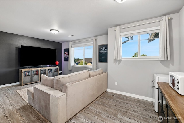 10713 Palisades St SE, Yelm, WA 98597 - living area with light wood-style flooring, plenty of natural light, and baseboards