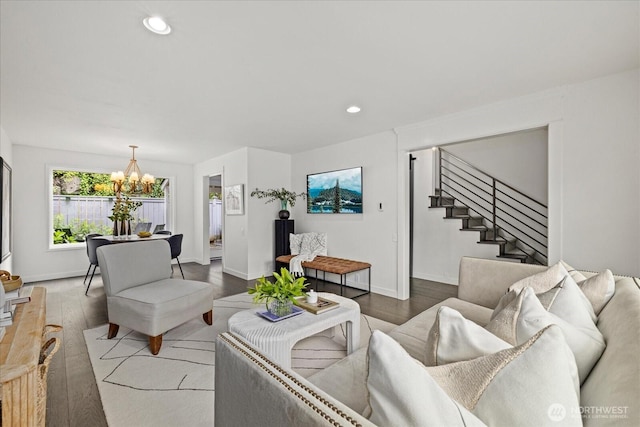 1420 Bellevue Way SE Unit 14, Bellevue, WA 98004 - living room featuring a chandelier, stairs, wood finished floors, recessed lighting, and baseboards