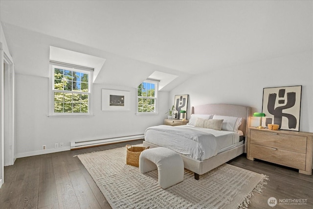 1420 Bellevue Way SE Unit 14, Bellevue, WA 98004 - bedroom featuring baseboard heating, hardwood / wood-style flooring, lofted ceiling, and baseboards