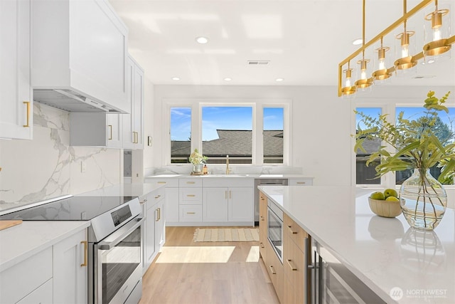 5425 Salish Rd, Blaine, WA 98230 - kitchen with stainless steel appliances, a sink, custom range hood, backsplash, and light wood-type flooring