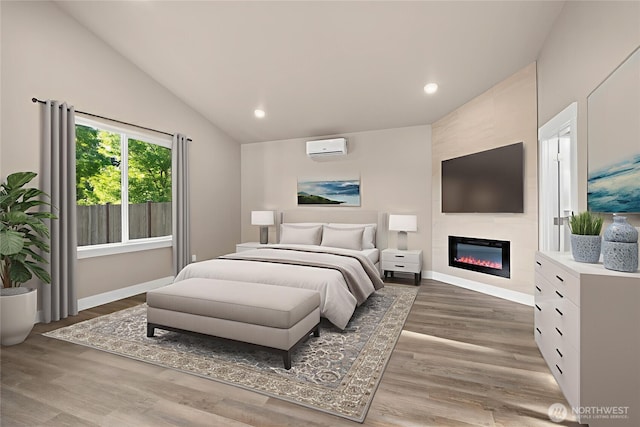 2114 Hawks View Ln, Winlock, WA 98596 - bedroom with an AC wall unit, vaulted ceiling, a large fireplace, light wood-type flooring, and baseboards