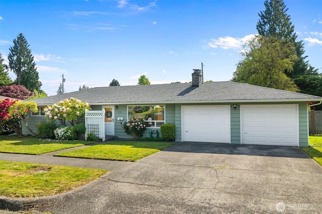 702 Cushing St SW, Olympia, WA 98502 - ranch-style house featuring a chimney, a front lawn, asphalt driveway, a garage, and a shingled roof