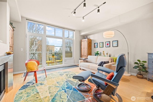 17 W Mercer St Unit 206, Seattle, WA 98119 - living area featuring light wood-style floors, baseboards, a fireplace, and rail lighting