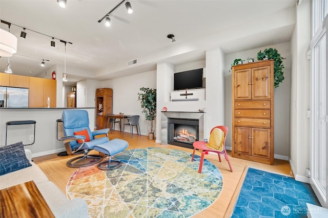 17 W Mercer St Unit 206, Seattle, WA 98119 - living area featuring a lit fireplace, track lighting, light wood-style floors, and baseboards