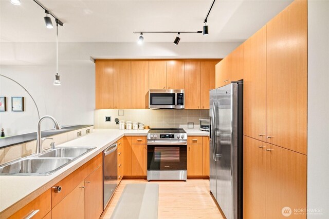 17 W Mercer St Unit 206, Seattle, WA 98119 - kitchen featuring stainless steel appliances, rail lighting, a sink, decorative backsplash, and a peninsula