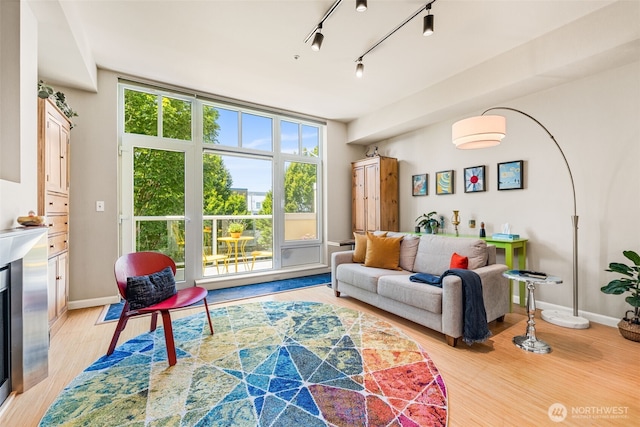 17 W Mercer St Unit 206, Seattle, WA 98119 - living area with light wood-style flooring, a glass covered fireplace, and rail lighting