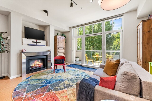 17 W Mercer St Unit 206, Seattle, WA 98119 - living room featuring plenty of natural light, a glass covered fireplace, and wood finished floors
