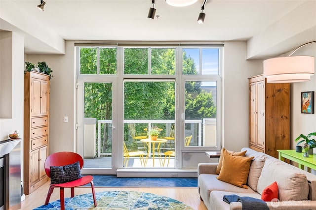17 W Mercer St Unit 206, Seattle, WA 98119 - living area featuring plenty of natural light, wood finished floors, and rail lighting