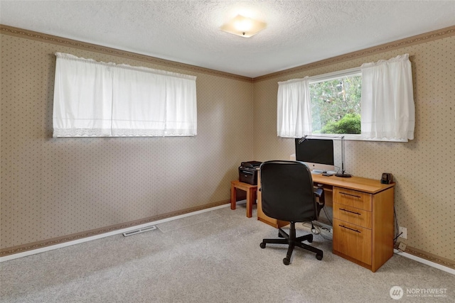 2708 Lynn St, Bellingham, WA 98225 - office with a textured ceiling, light colored carpet, wallpapered walls, crown molding, and baseboards