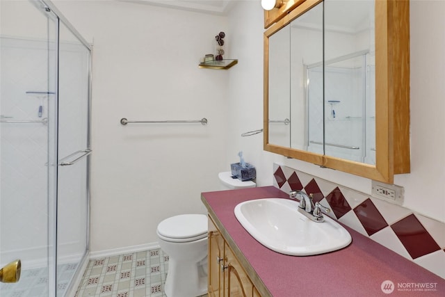 2708 Lynn St, Bellingham, WA 98225 - bathroom featuring a stall shower, vanity, tile patterned floors, and toilet