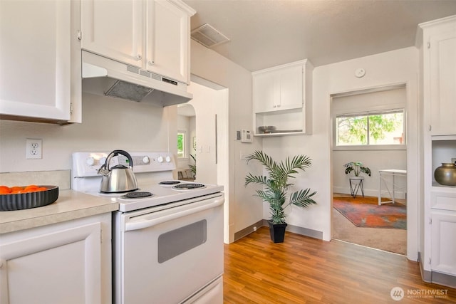 932 N Alder St, Tacoma, WA 98406 - kitchen with electric stove, under cabinet range hood, light countertops, and white cabinetry