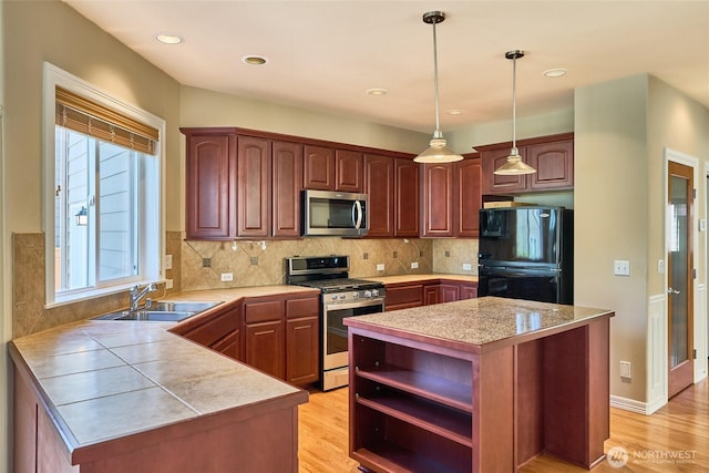 27006 229th Pl SE, Maple Valley, WA 98038 - kitchen with appliances with stainless steel finishes, a sink, open shelves, light countertops, and light wood-style flooring