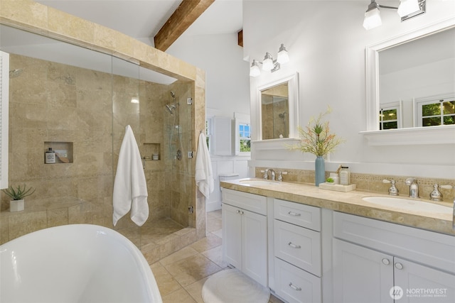 1542 Grand Ave, Seattle, WA 98122 - bathroom with tile patterned flooring, a stall shower, double vanity, a freestanding tub, and beamed ceiling