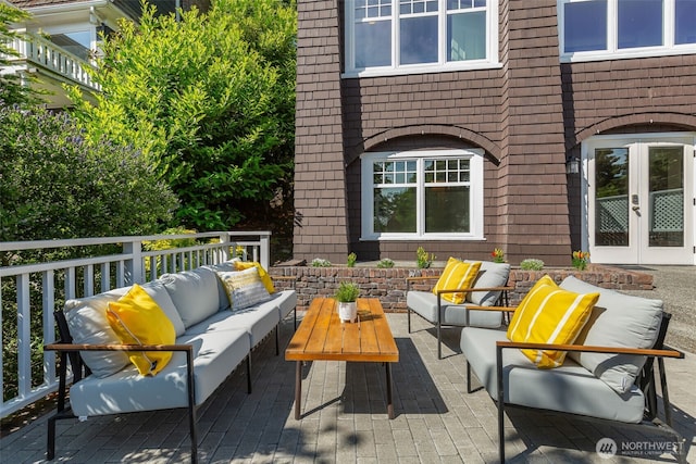1542 Grand Ave, Seattle, WA 98122 - view of patio with an outdoor living space, french doors, and a wooden deck