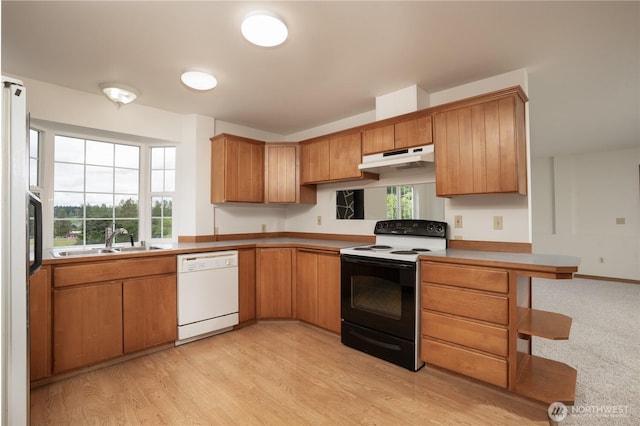 818 295th St E, Roy, WA 98580 - kitchen featuring white appliances, a sink, under cabinet range hood, light wood-style floors, and brown cabinets