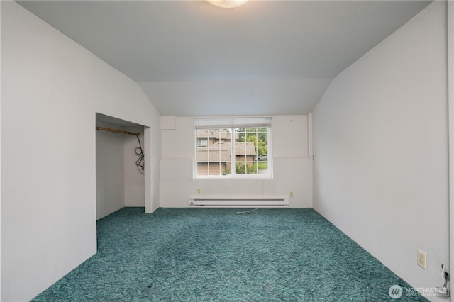 818 295th St E, Roy, WA 98580 - unfurnished room with baseboard heating, carpet flooring, and lofted ceiling
