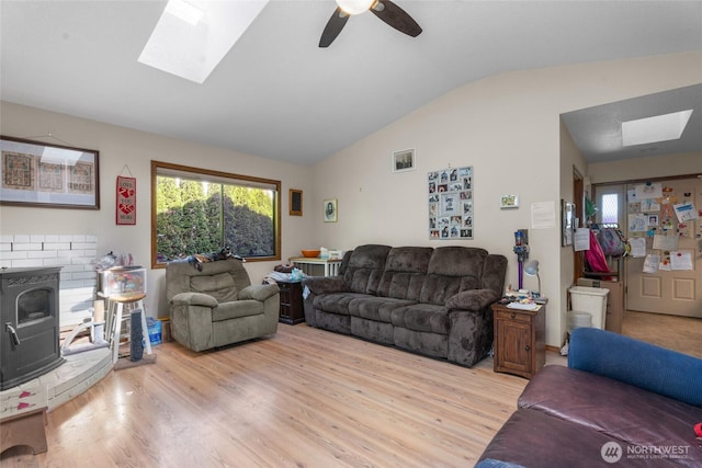 2649 Louisiana St, Longview, WA 98632 - living room with a skylight, lofted ceiling, light wood-style flooring, and ceiling fan