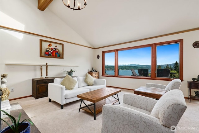 2820 169th Ave SE, Bellevue, WA 98008 - living area with light colored carpet, baseboards, and a chandelier