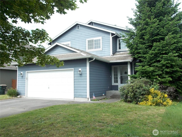 10717 Umtanum St SE, Yelm, WA 98597 - traditional-style house with concrete driveway, a front lawn, a garage, entry steps, and a shingled roof