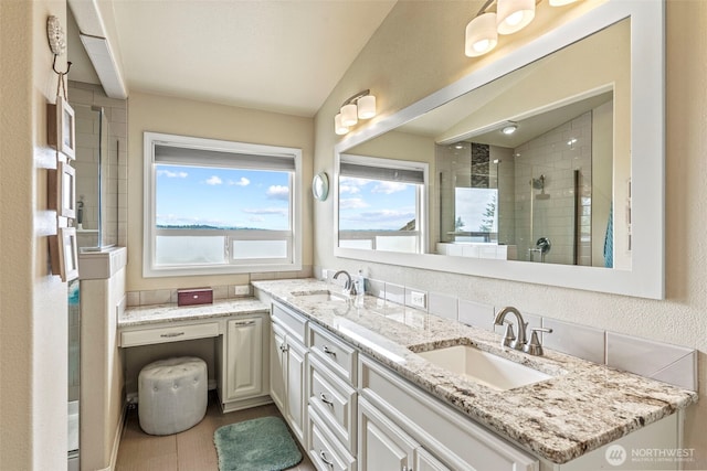8 Clearview Dr, Longview, WA 98632 - bathroom with a stall shower, double vanity, and lofted ceiling