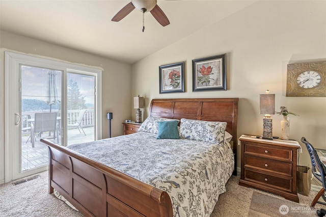 8 Clearview Dr, Longview, WA 98632 - bedroom with light colored carpet, vaulted ceiling, access to exterior, and a ceiling fan