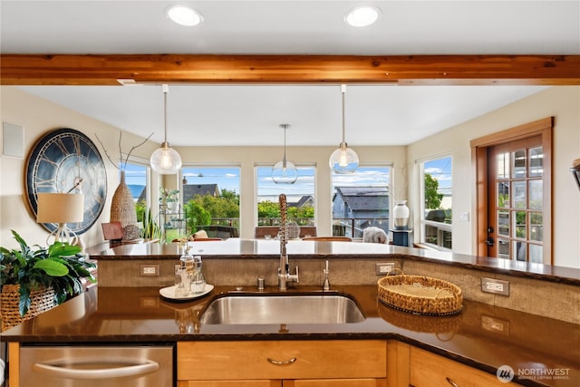 714 13th St, Bellingham, WA 98225 - kitchen with a sink, stainless steel dishwasher, decorative light fixtures, recessed lighting, and beamed ceiling