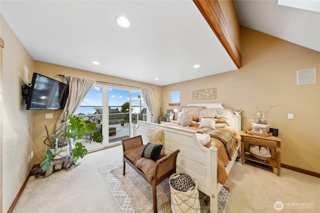 714 13th St, Bellingham, WA 98225 - bedroom featuring light carpet, baseboards, access to outside, and recessed lighting