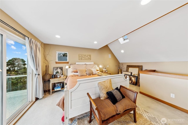 714 13th St, Bellingham, WA 98225 - bedroom with light colored carpet, a skylight, vaulted ceiling, recessed lighting, and baseboards