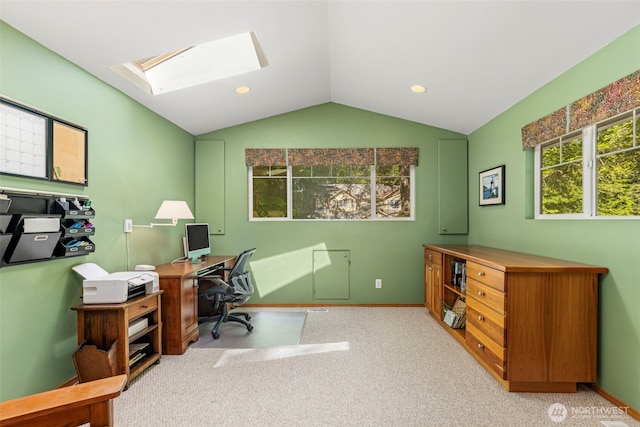 2041 NW Tregaten Ln, Poulsbo, WA 98370 - home office with a skylight, vaulted ceiling, and carpet floors